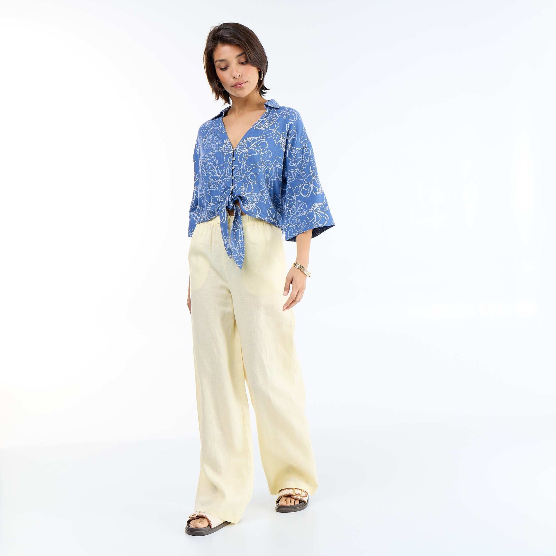 Oversized Cropped Tie-Front Shirt BLUE