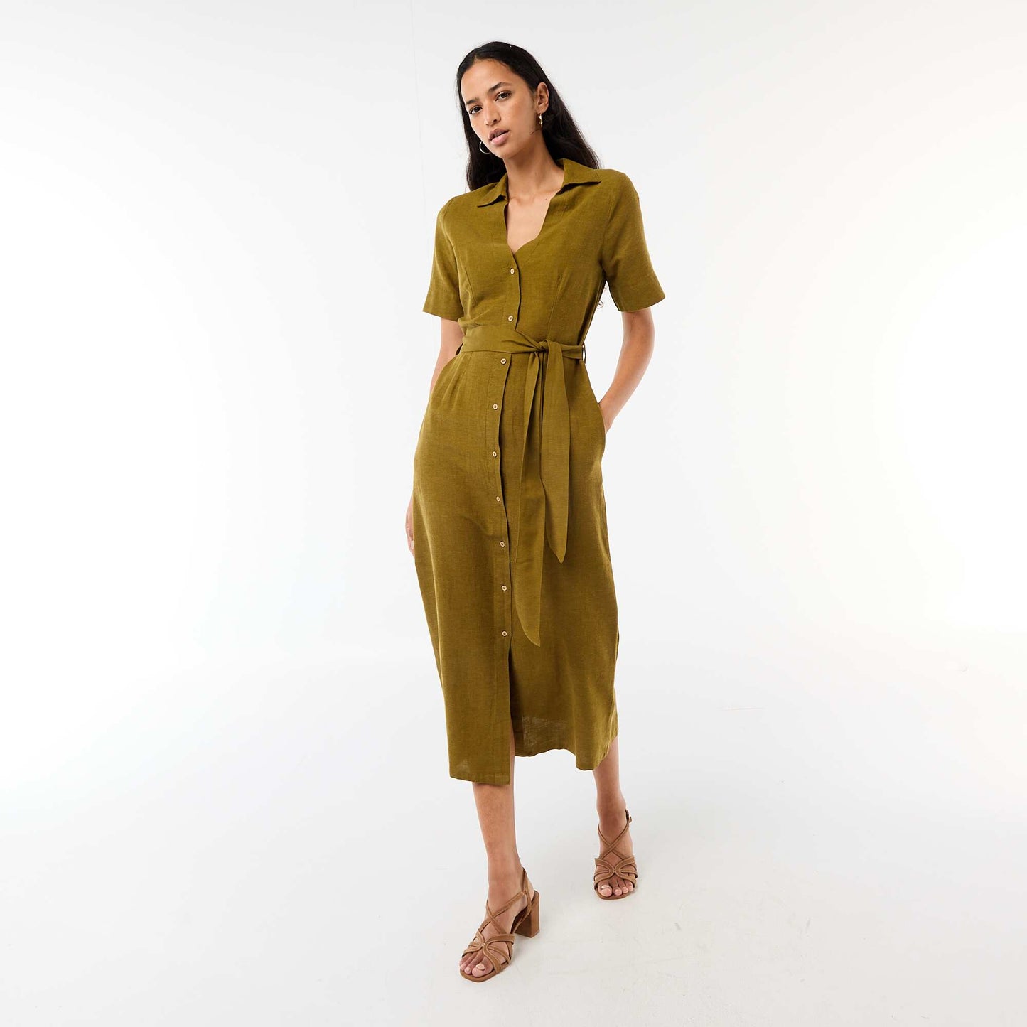 Cotton and Linen Short-Sleeve Long Shirt Dress GREEN