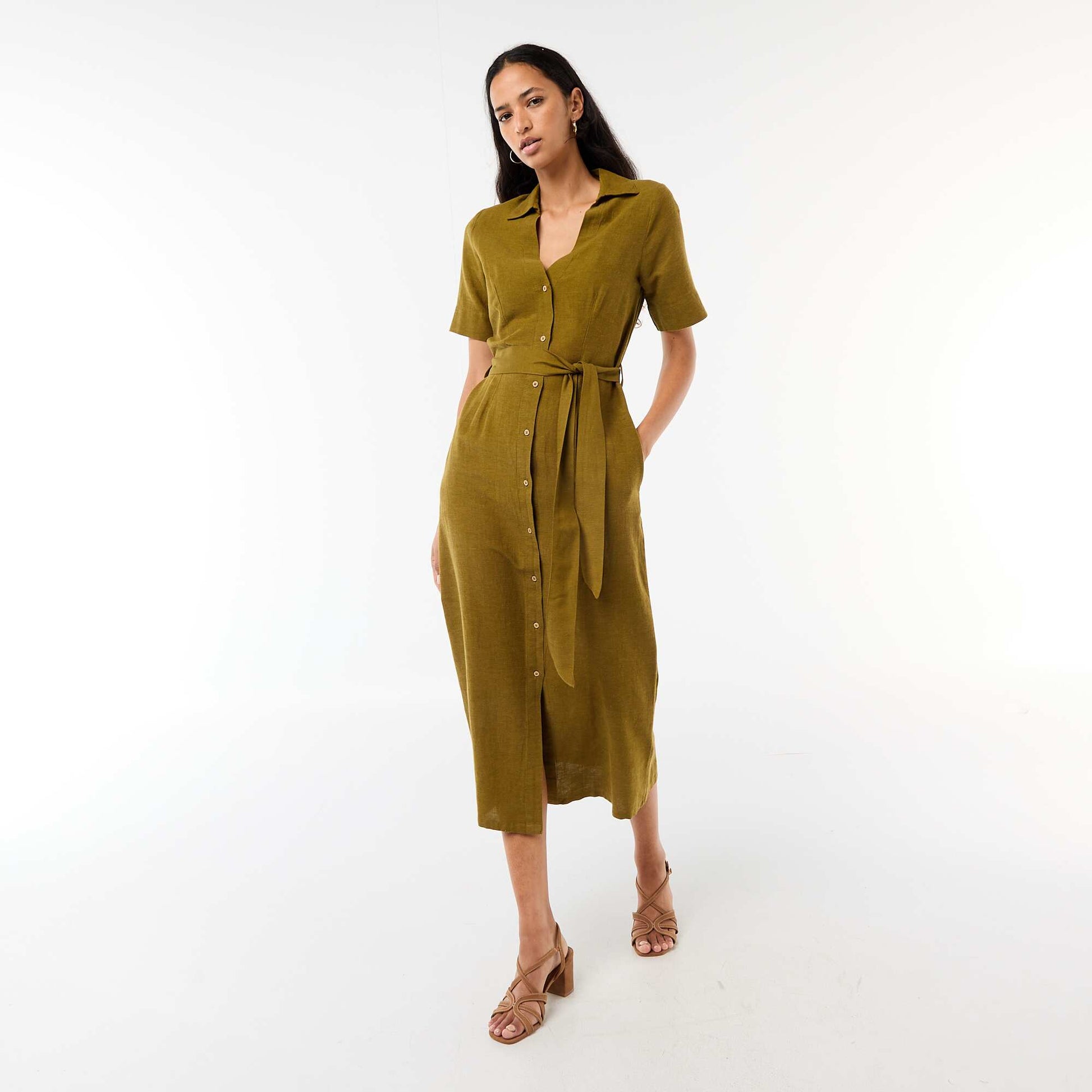 Cotton and Linen Short-Sleeve Long Shirt Dress GREEN