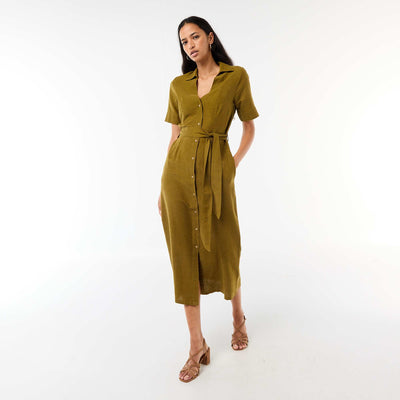 Cotton and Linen Short-Sleeve Long Shirt Dress GREEN
