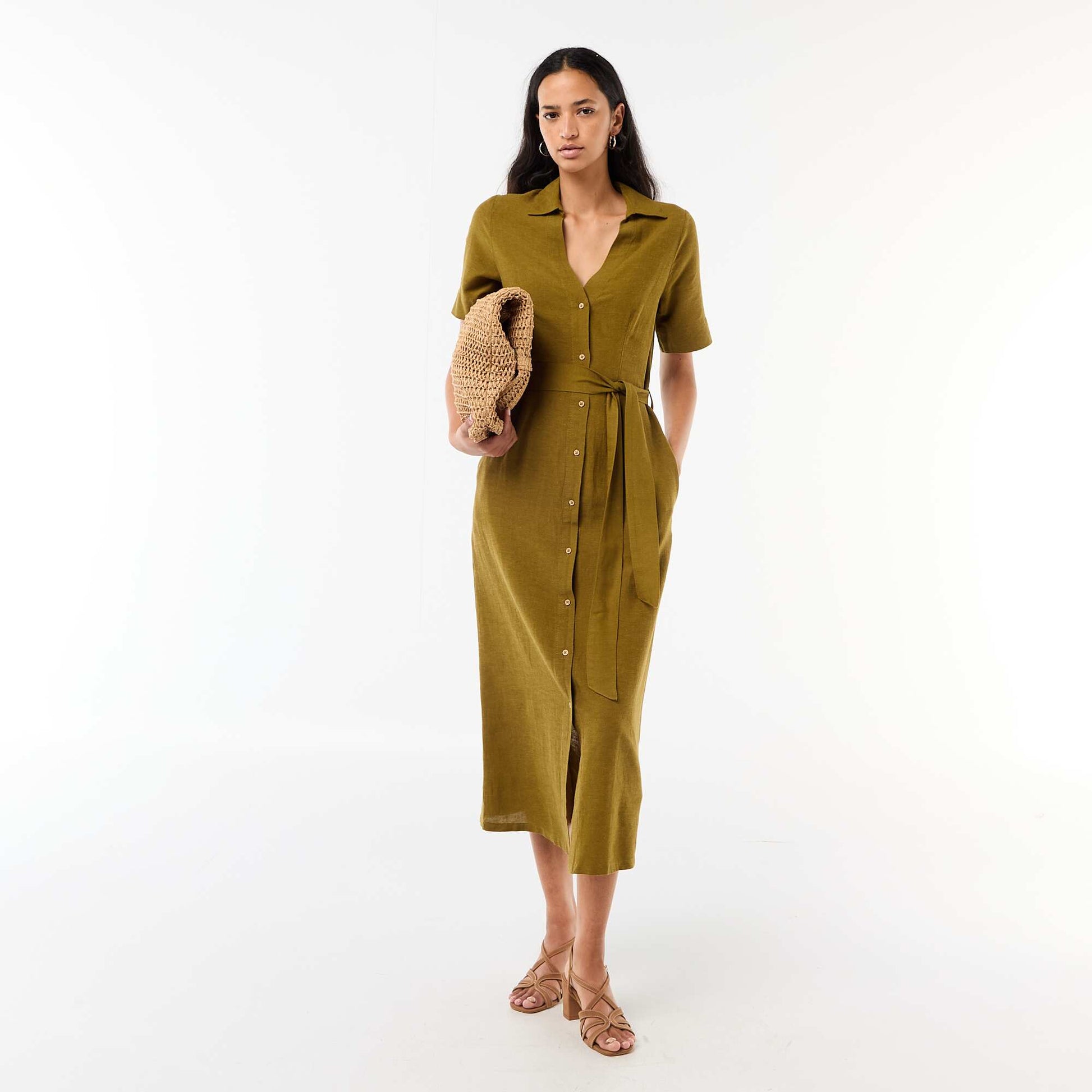 Cotton and Linen Short-Sleeve Long Shirt Dress GREEN