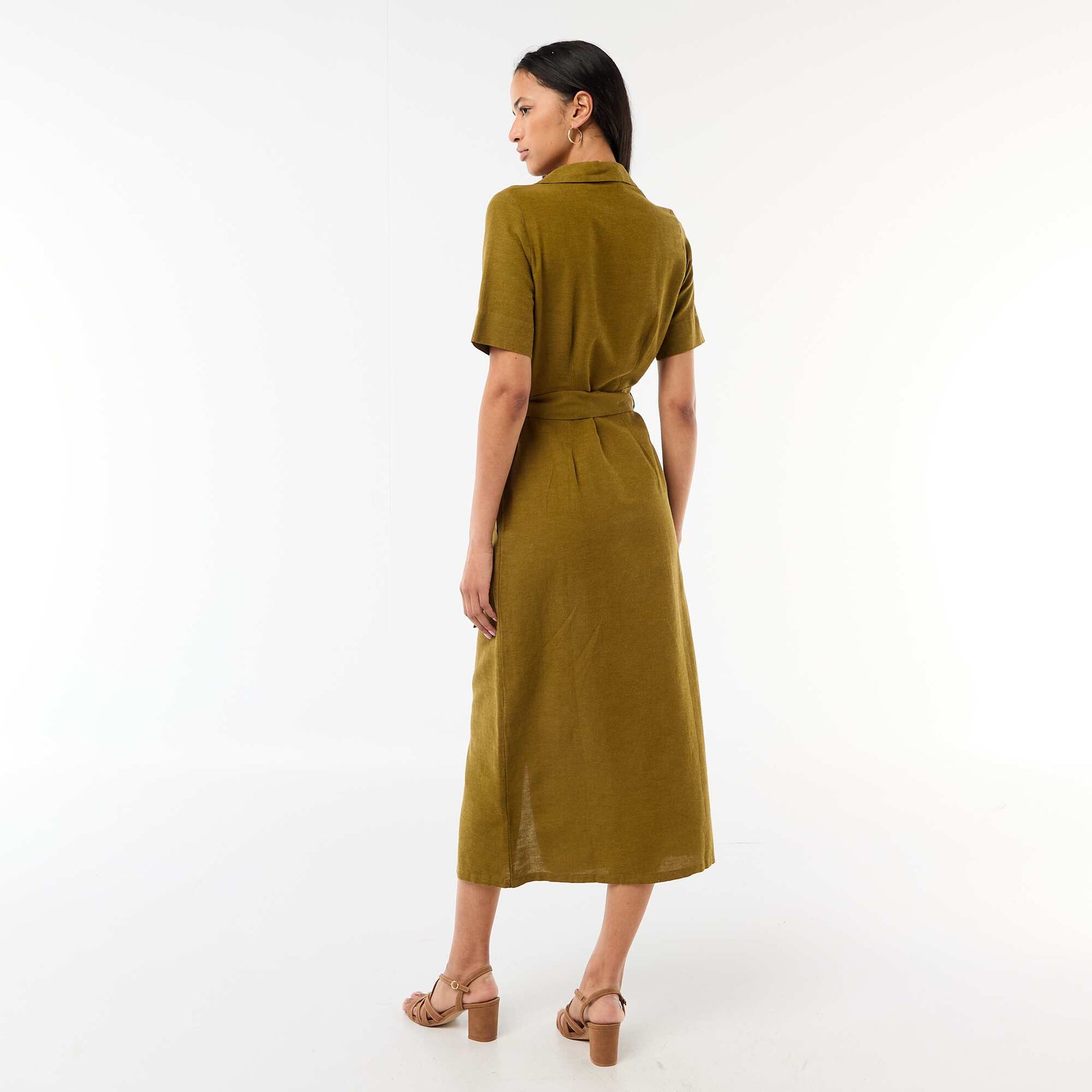 Cotton and Linen Short-Sleeve Long Shirt Dress GREEN