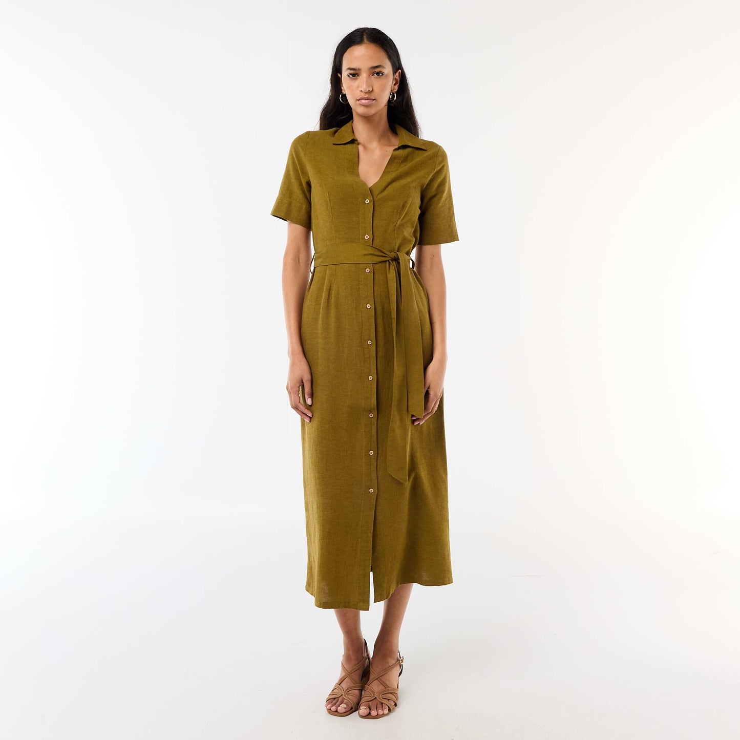 Cotton and Linen Short-Sleeve Long Shirt Dress GREEN