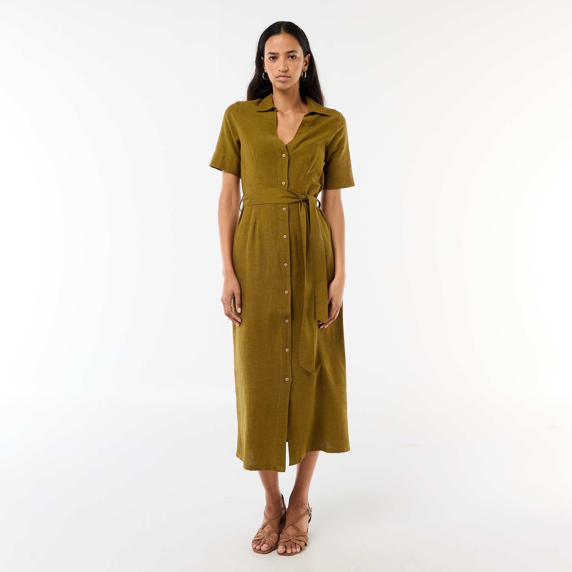 Cotton and Linen Short-Sleeve Long Shirt Dress GREEN