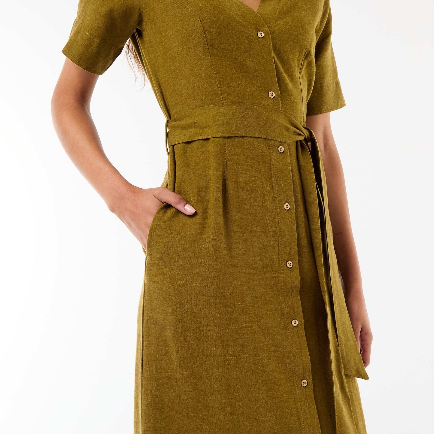 Cotton and Linen Short-Sleeve Long Shirt Dress GREEN