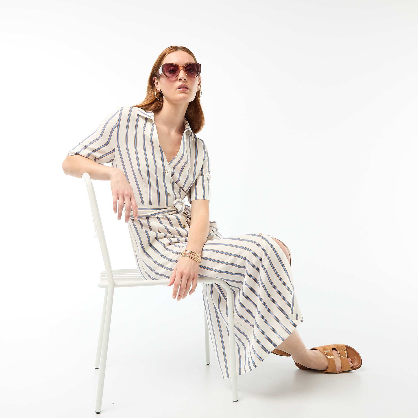 Short-Sleeved Cotton and Linen Long Shirt Dress BROWN