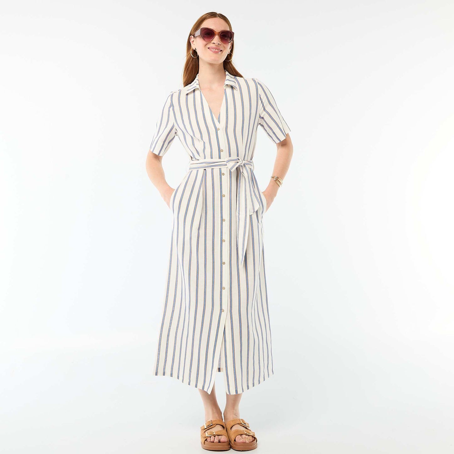 Short-Sleeved Cotton and Linen Long Shirt Dress BROWN