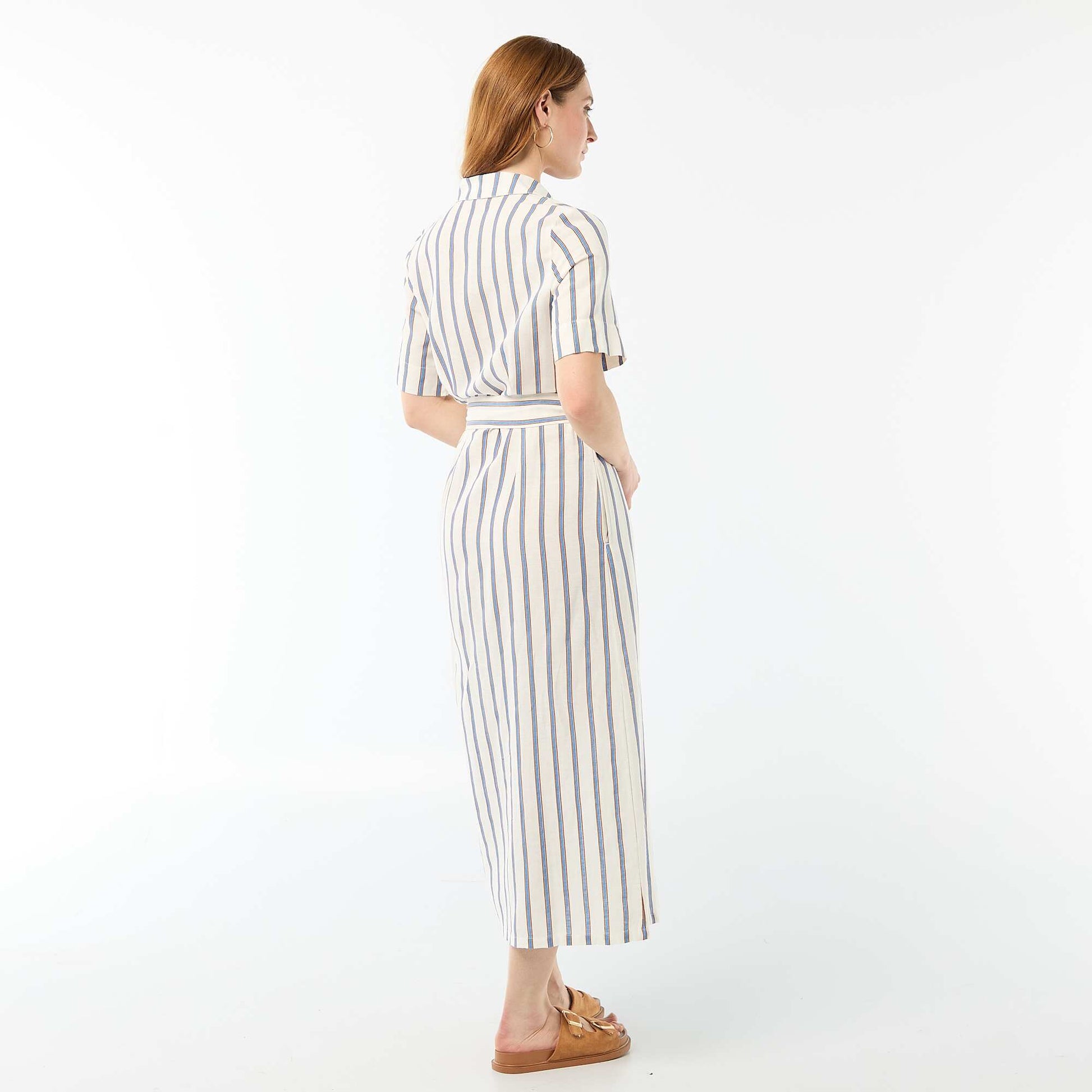 Short-Sleeved Cotton and Linen Long Shirt Dress BROWN