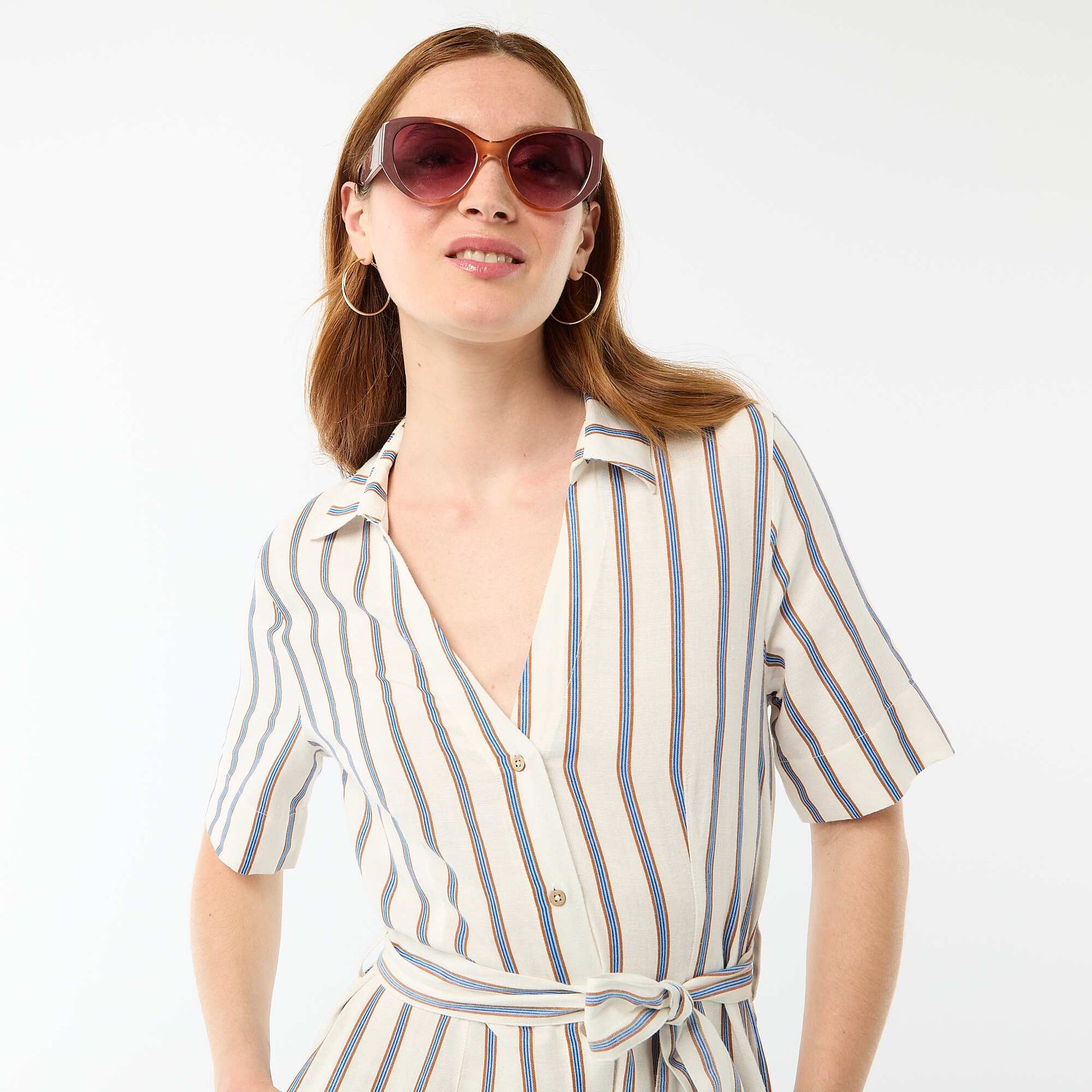 Short-Sleeved Cotton and Linen Long Shirt Dress BROWN
