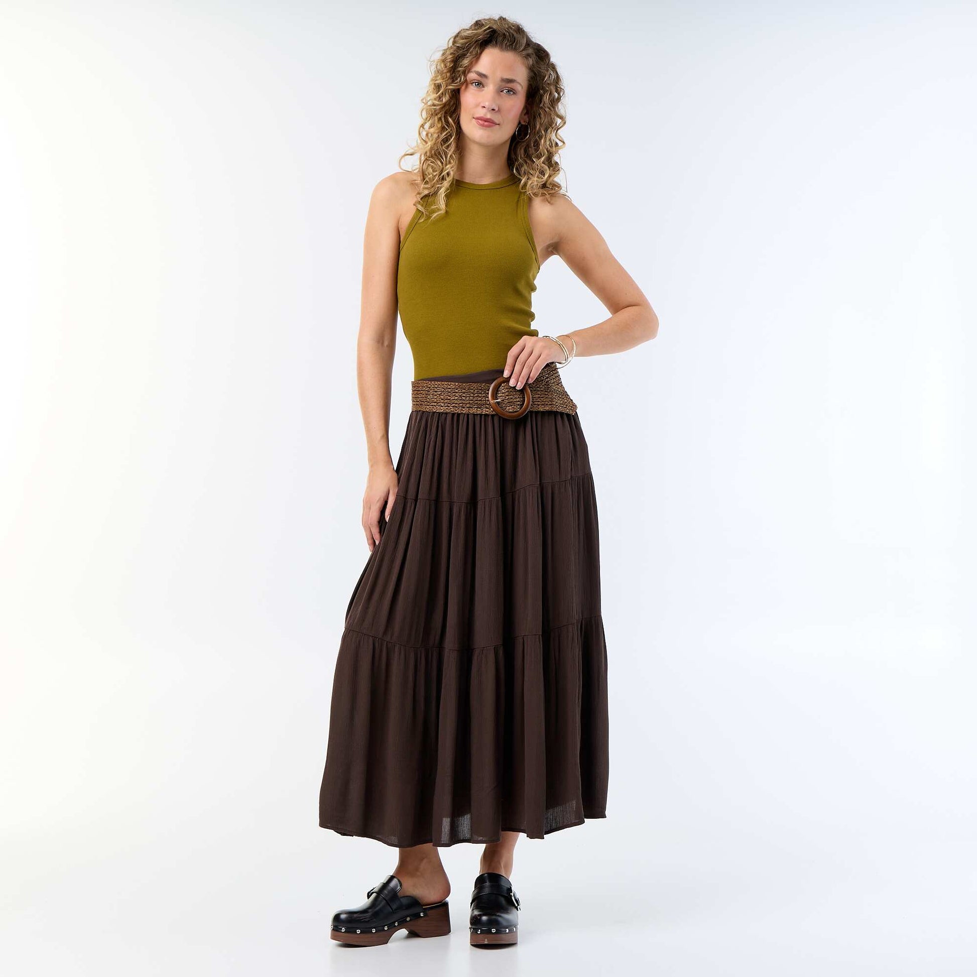 Solid Tiered Skirt BROWN