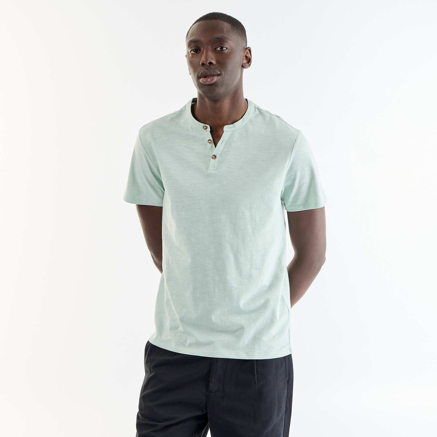 Short-Sleeved Tunisian Collar T-Shirt BLUE