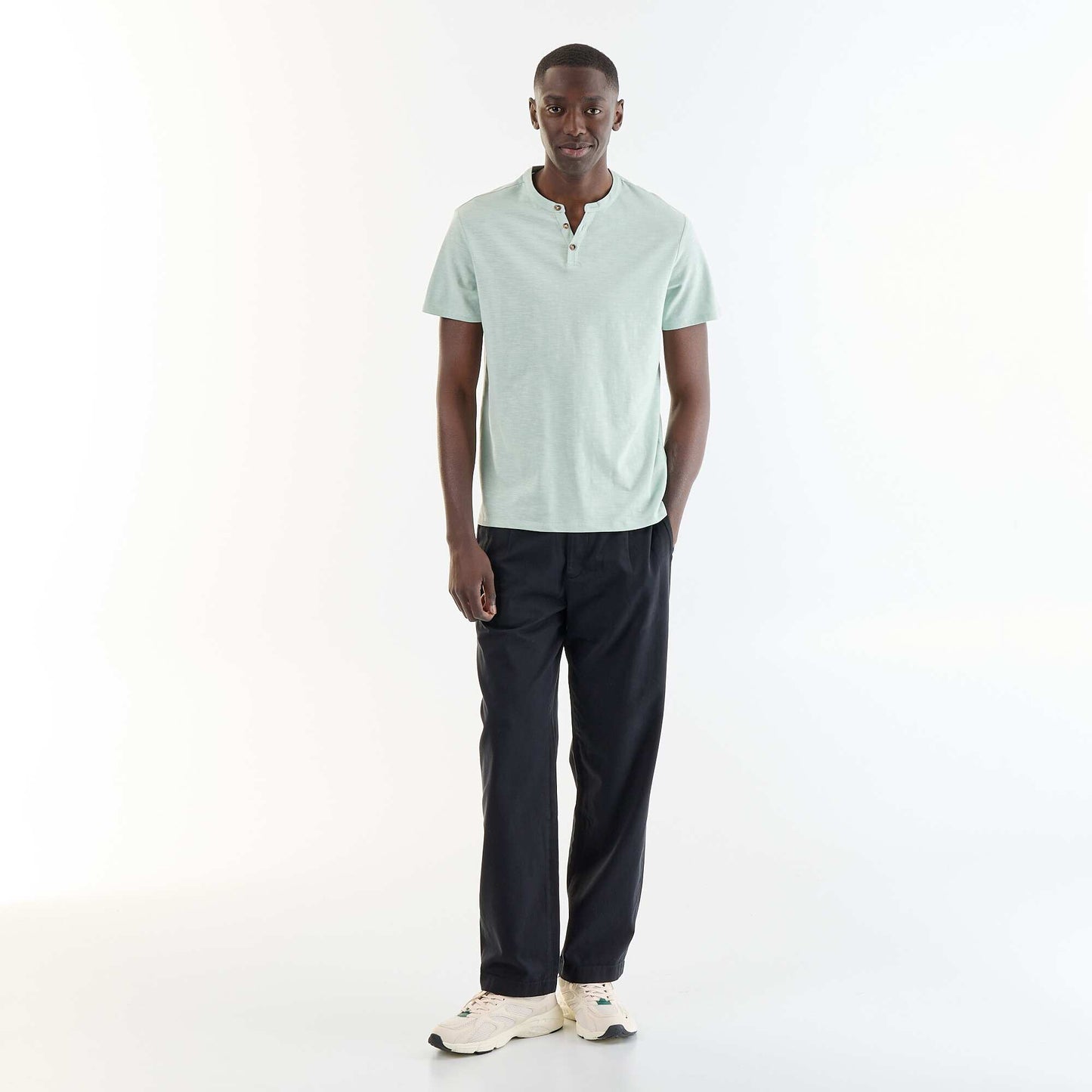 Short-Sleeved Tunisian Collar T-Shirt BLUE