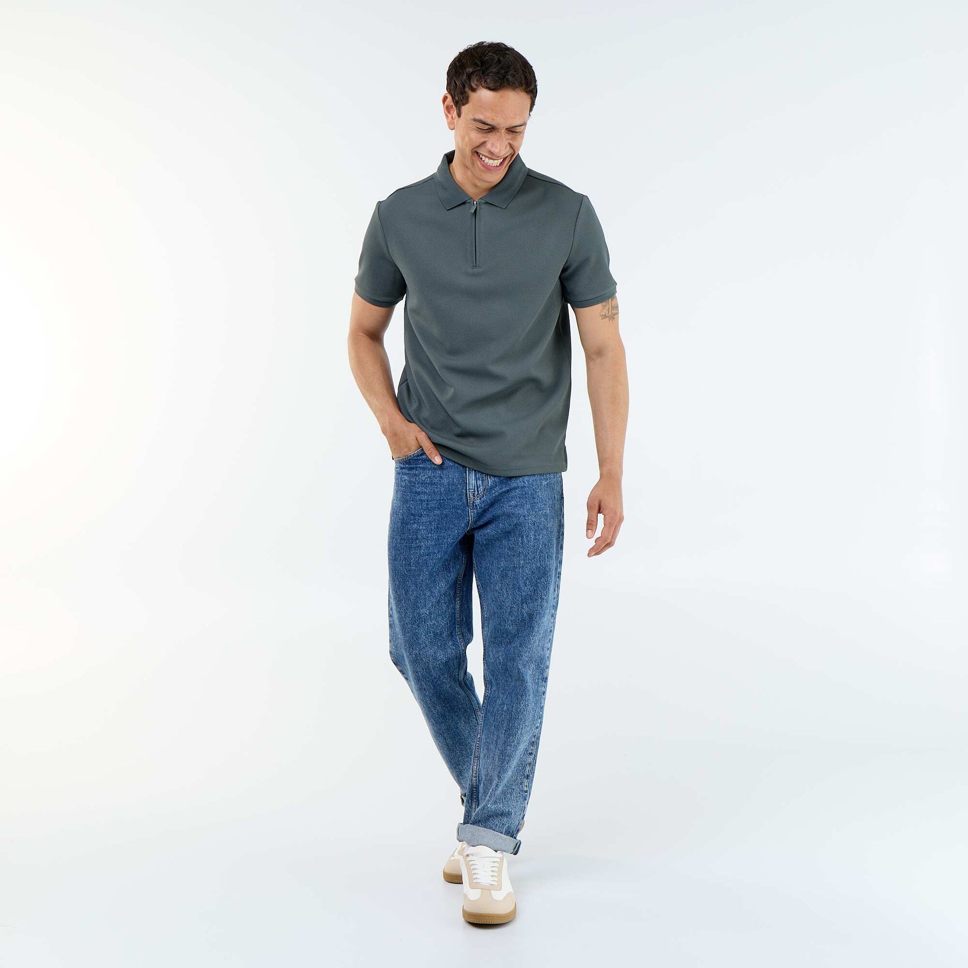 Honeycomb Knit Polo with Zip Collar GREEN