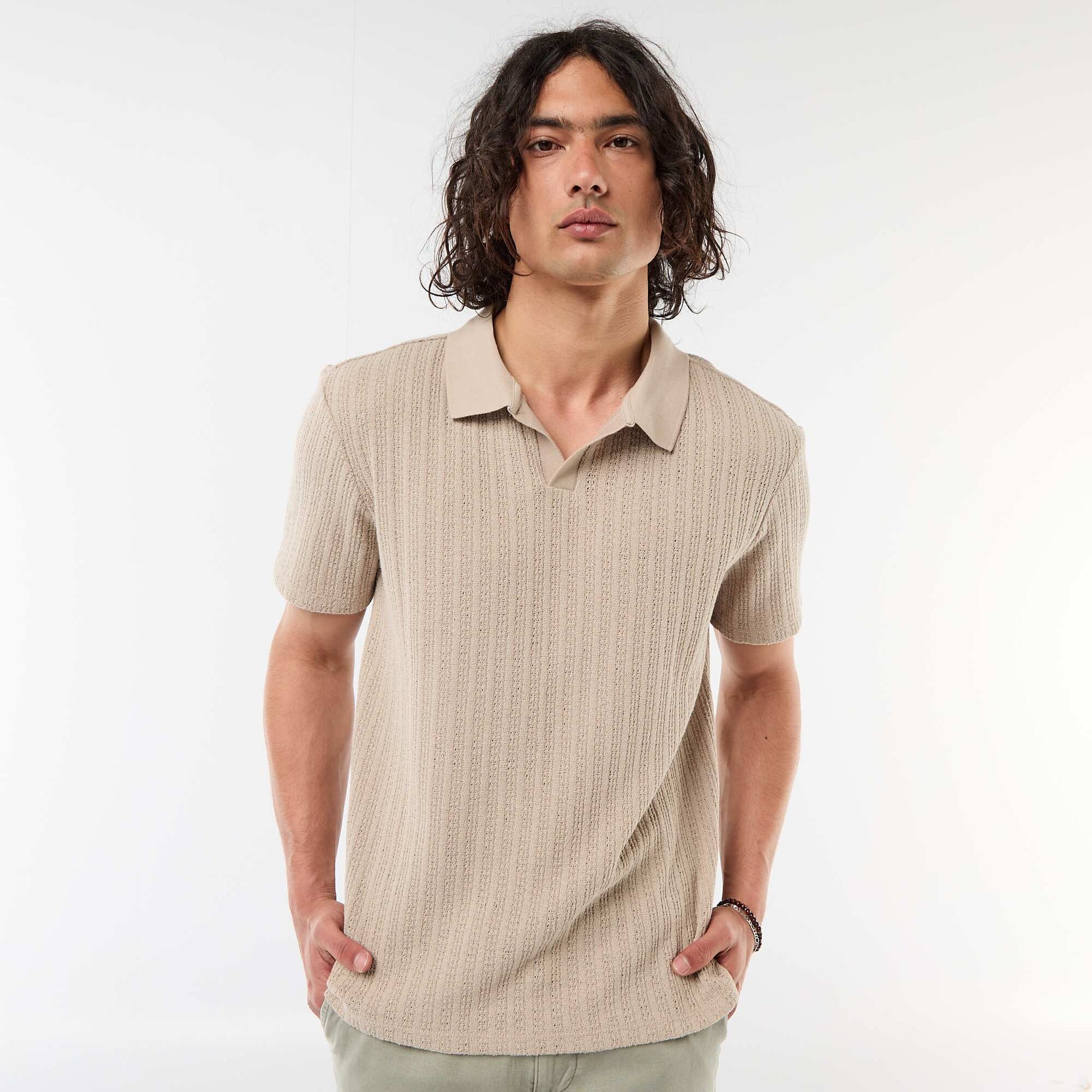 Openwork Knit Polo Shirt BEIGE