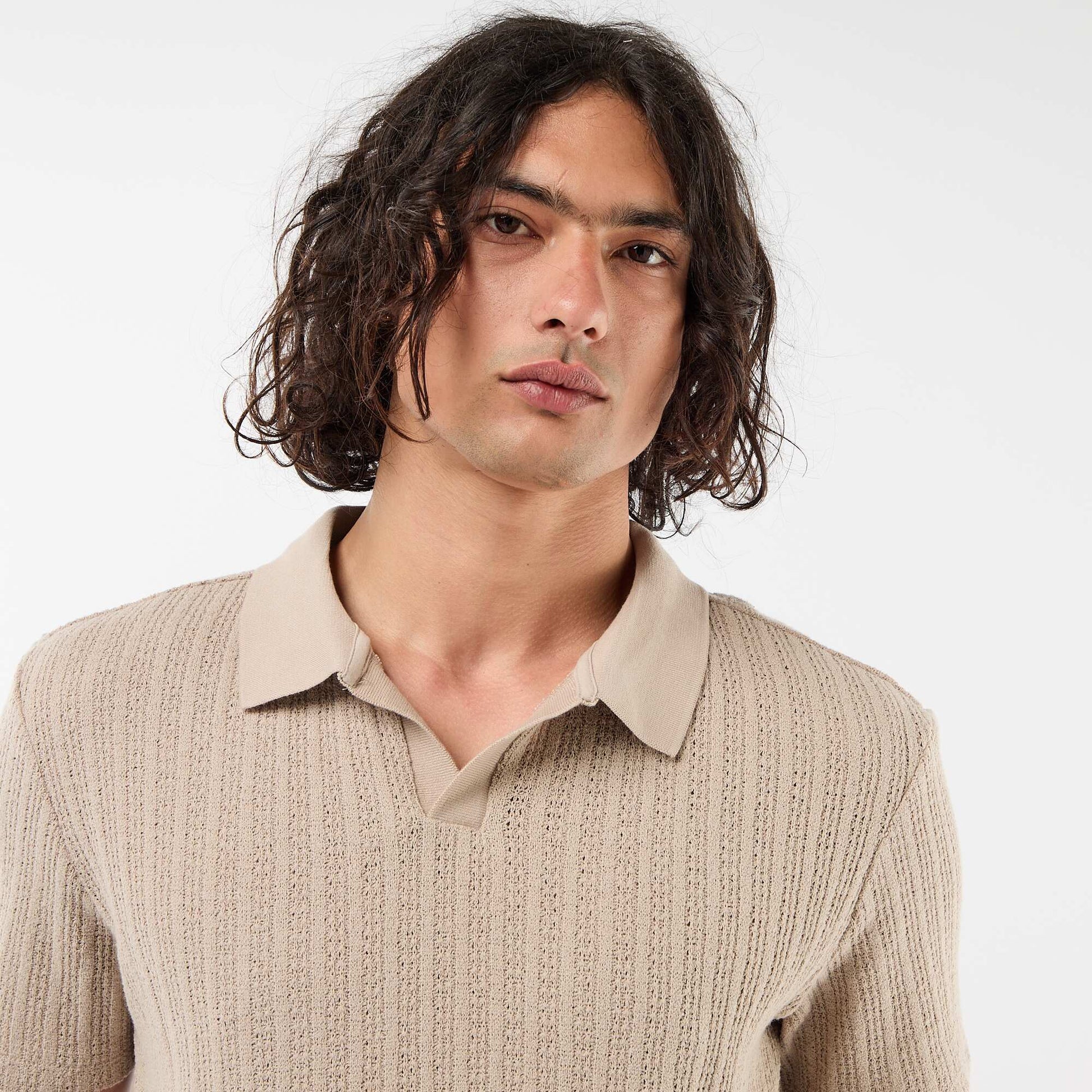Openwork Knit Polo Shirt BEIGE