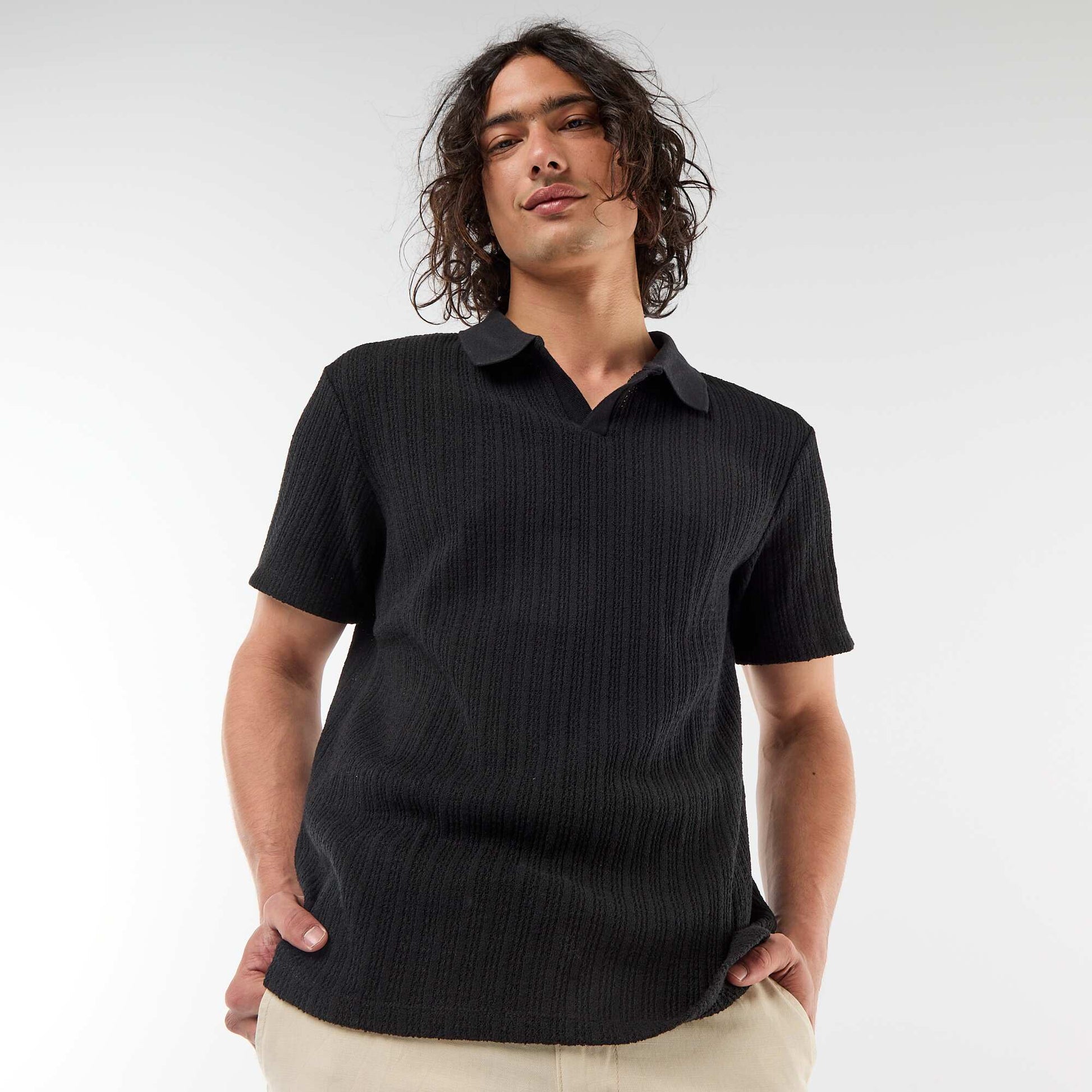 Openwork Knit Polo Shirt BLACK