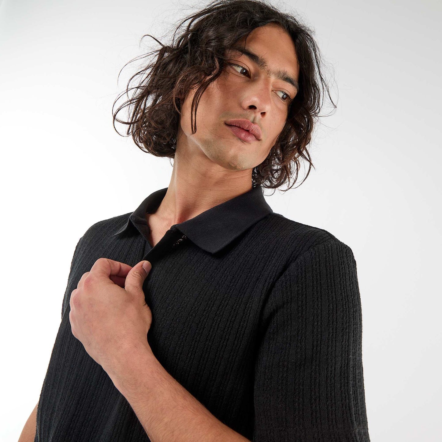 Openwork Knit Polo Shirt BLACK