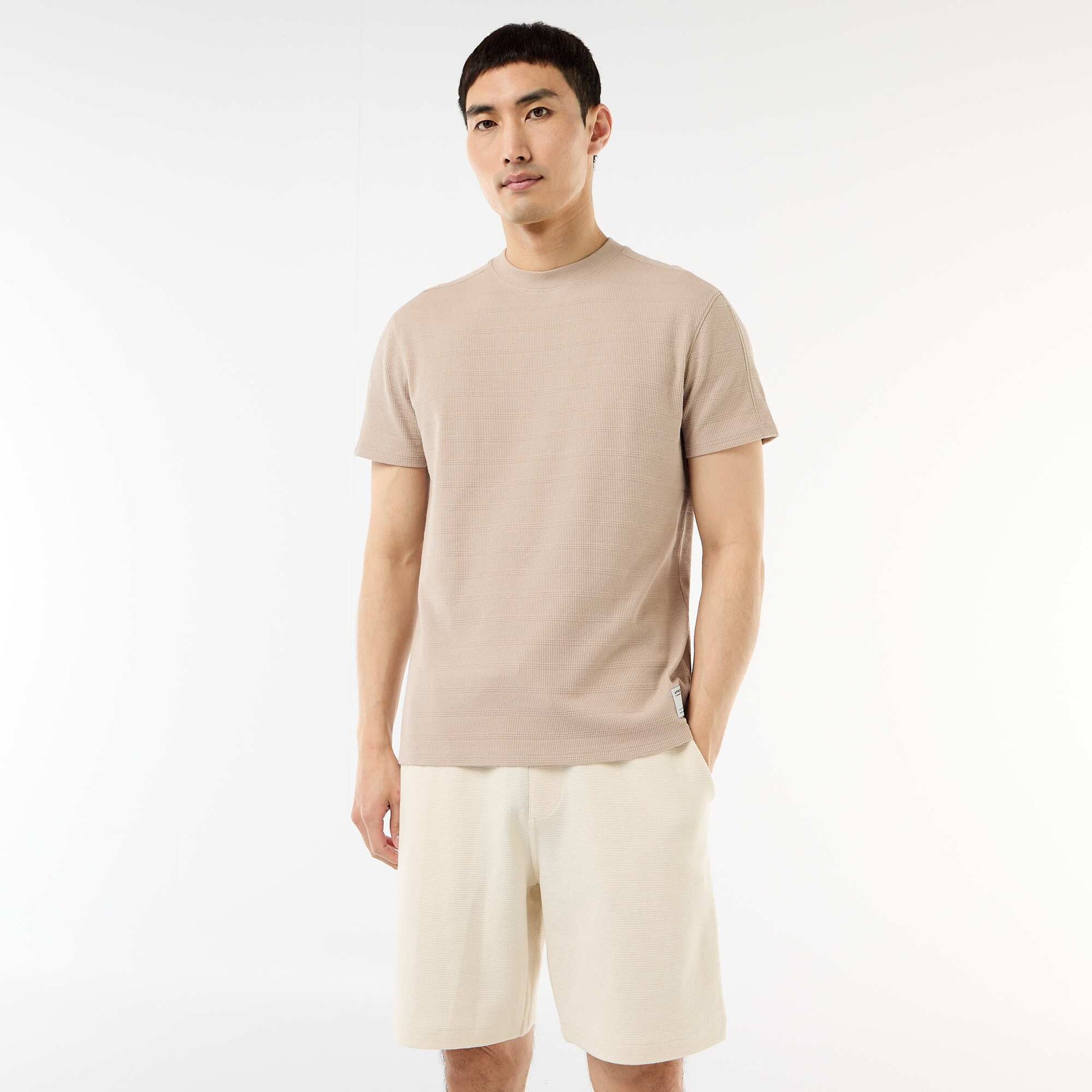Honeycomb Knit Crew Neck Short Sleeve T-shirt BEIGE