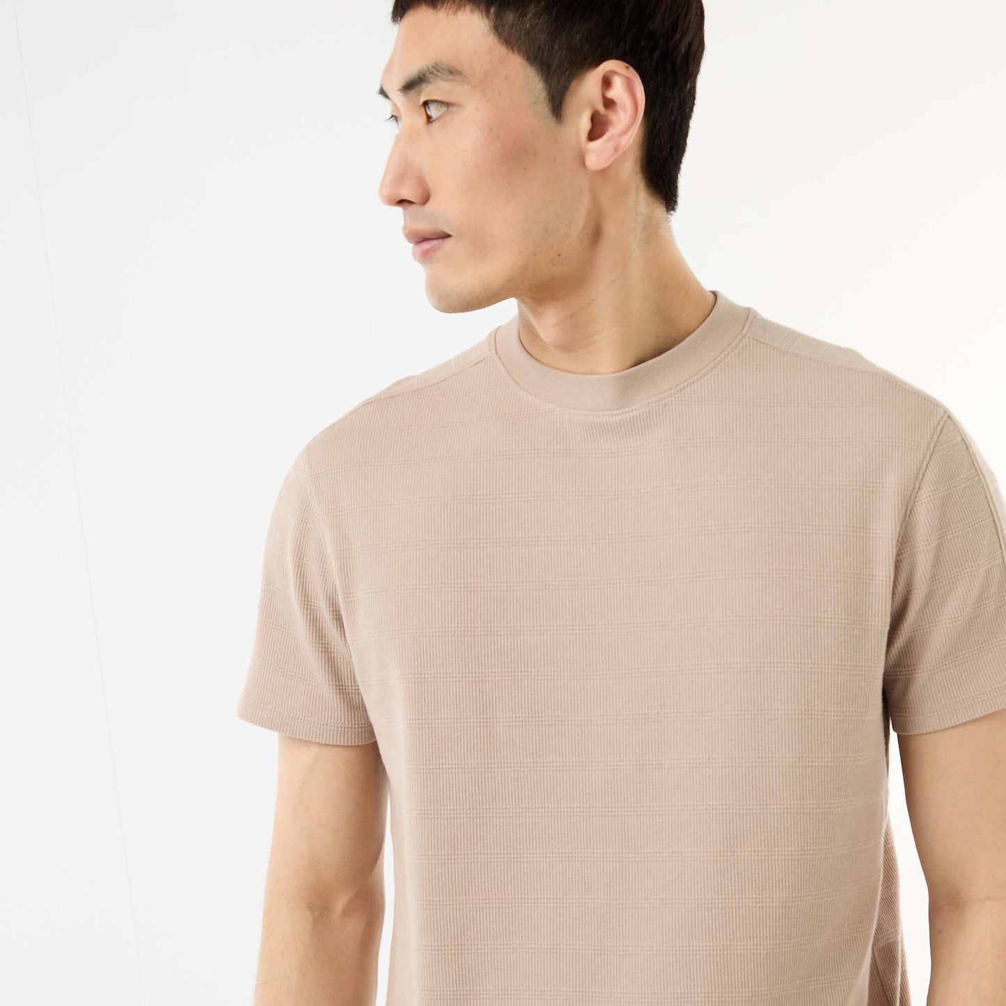 Honeycomb Knit Crew Neck Short Sleeve T-shirt BEIGE