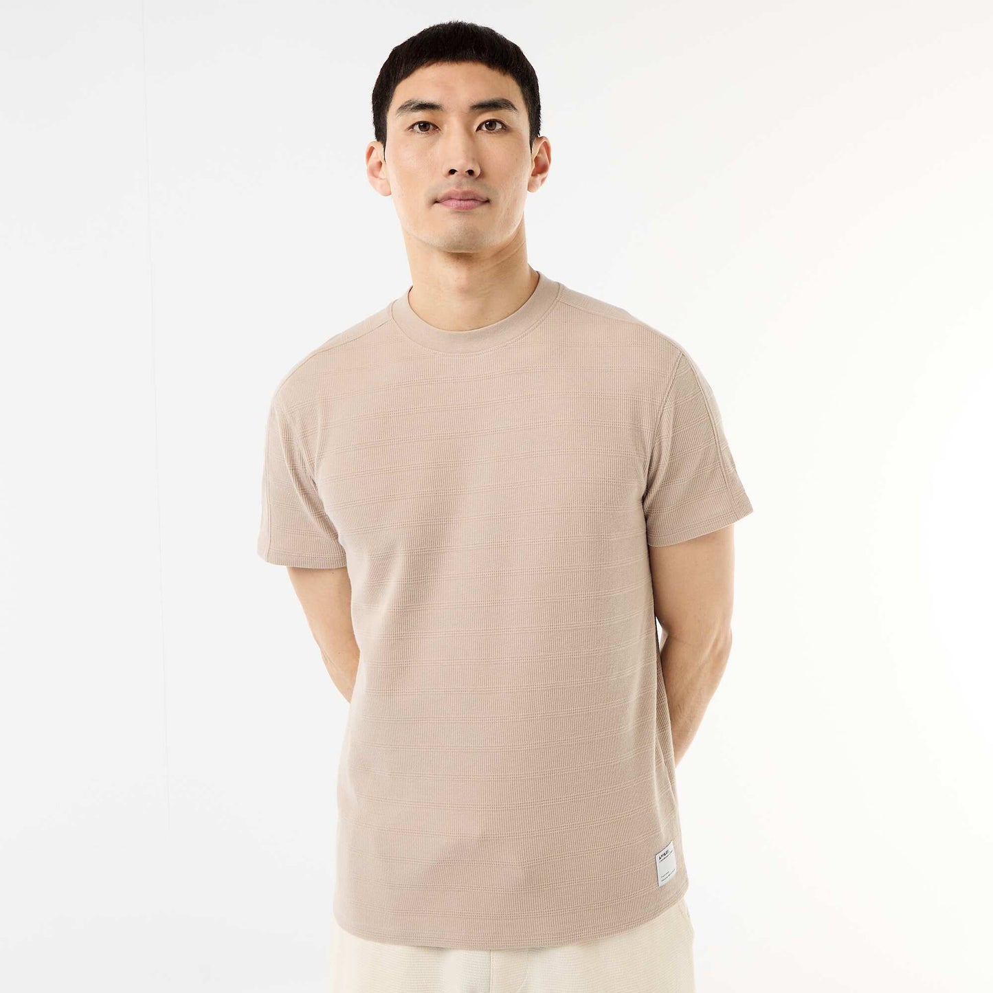 Honeycomb Knit Crew Neck Short Sleeve T-shirt BEIGE