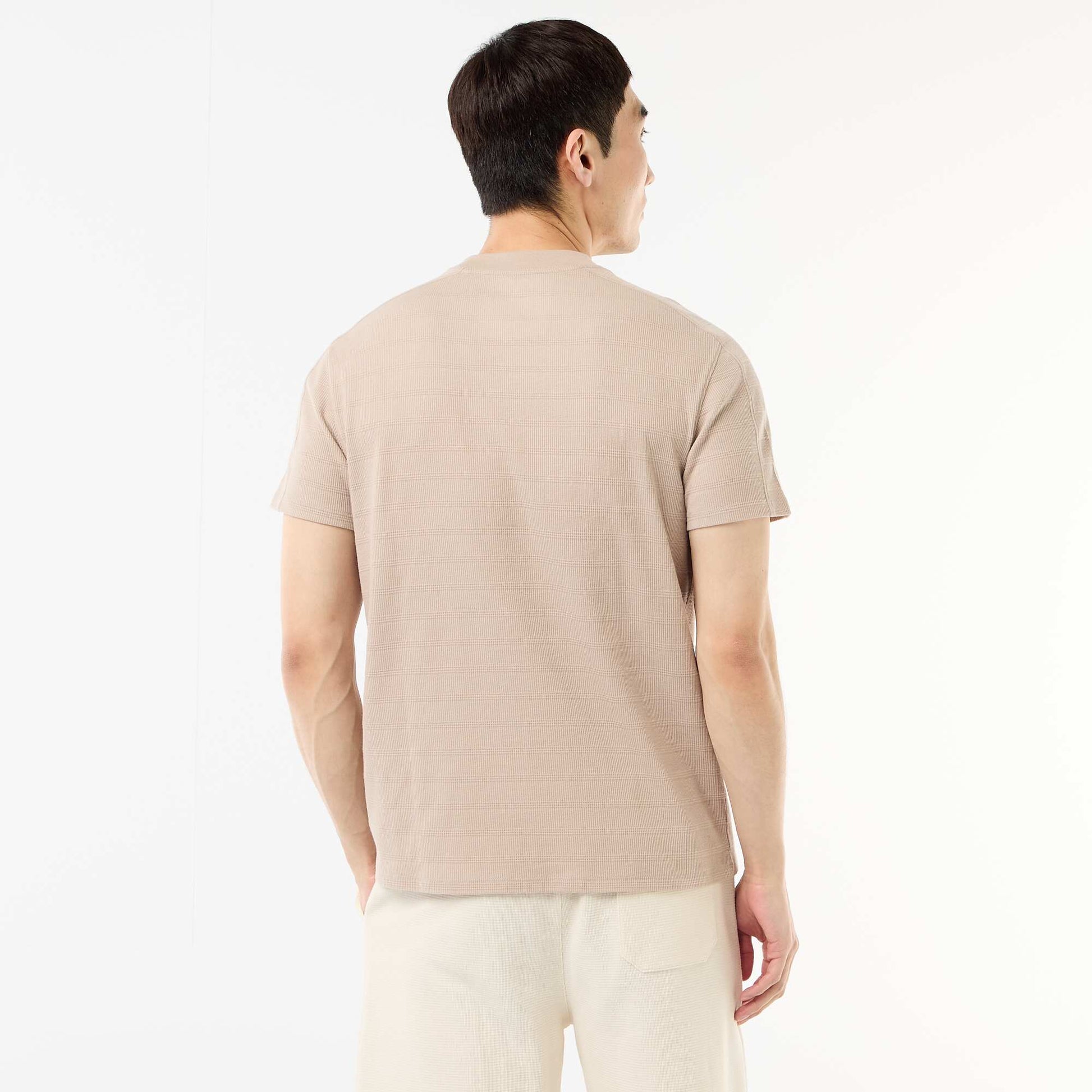 Honeycomb Knit Crew Neck Short Sleeve T-shirt BEIGE