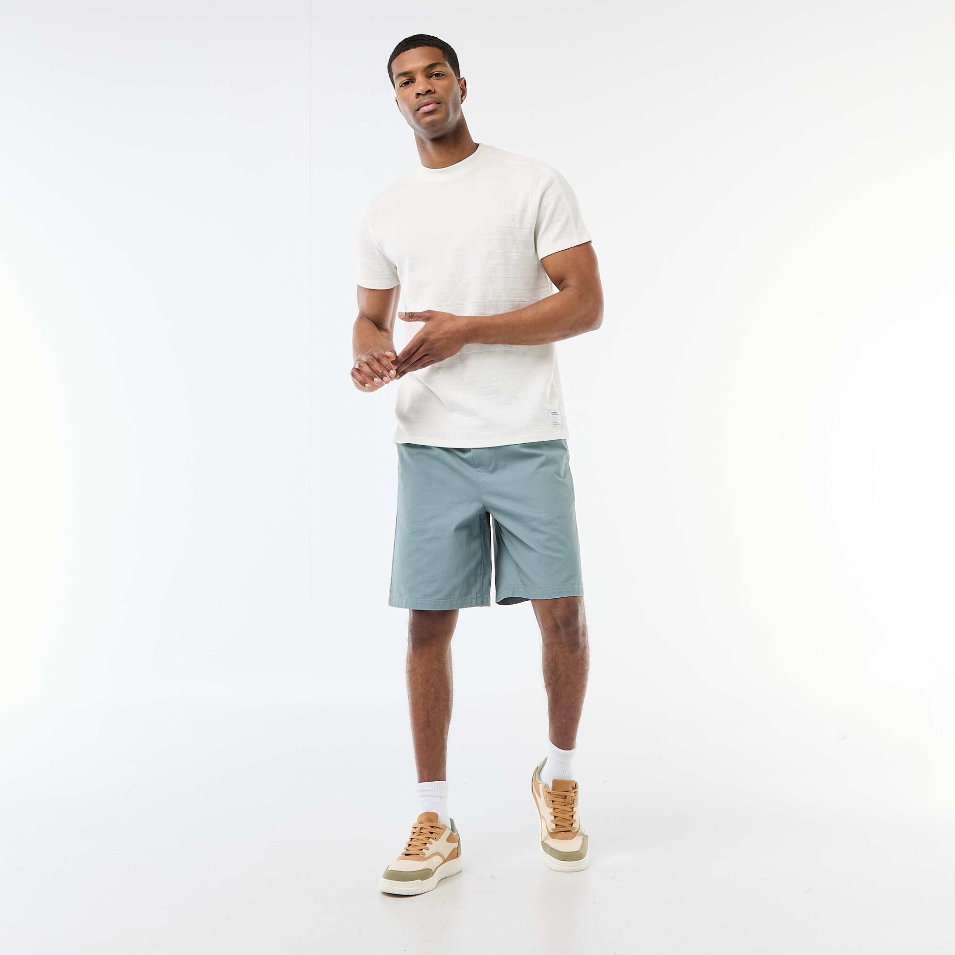 Honeycomb Knit Crew Neck Short Sleeve T-shirt WHITE