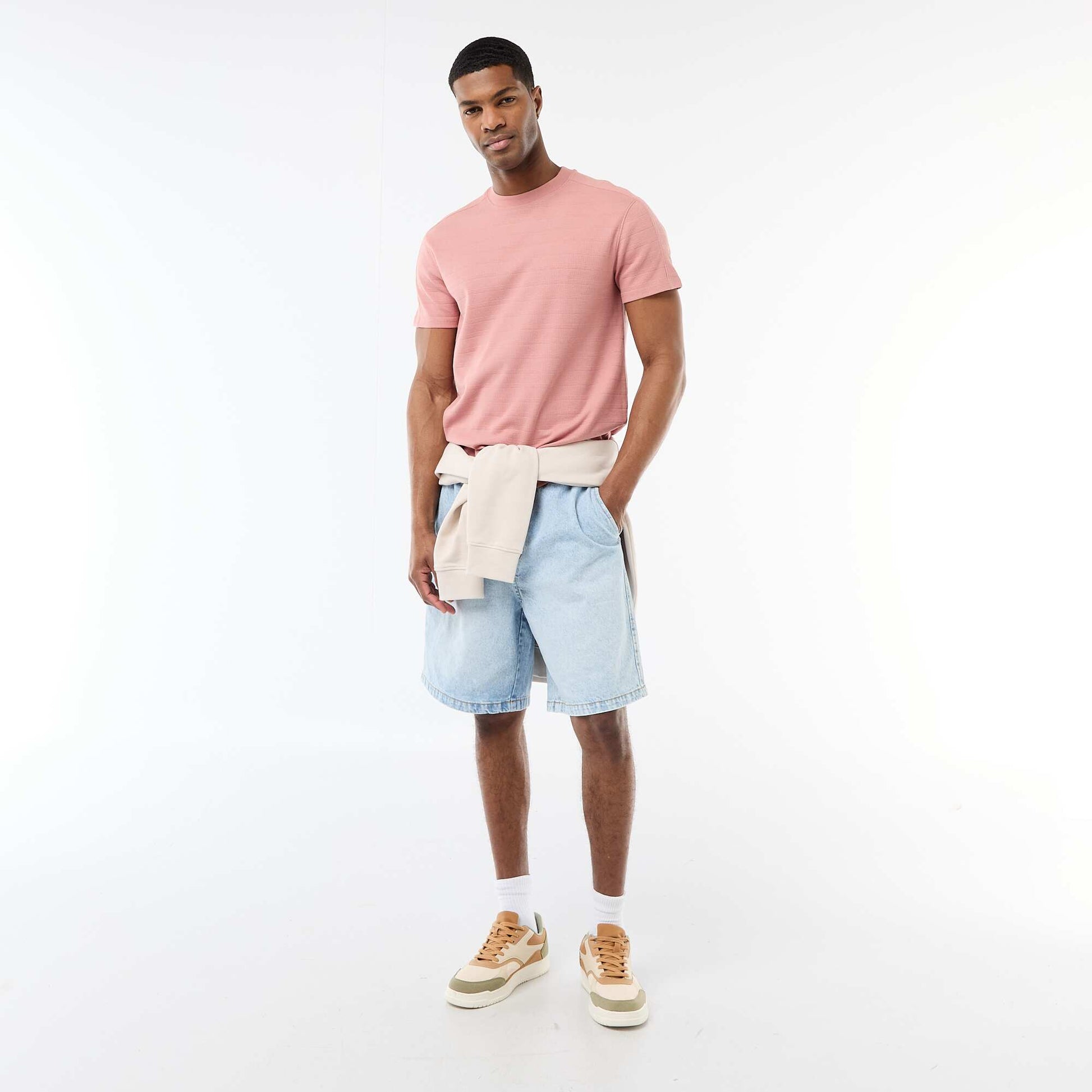 Honeycomb Knit Crew Neck Short Sleeve T-shirt PINK