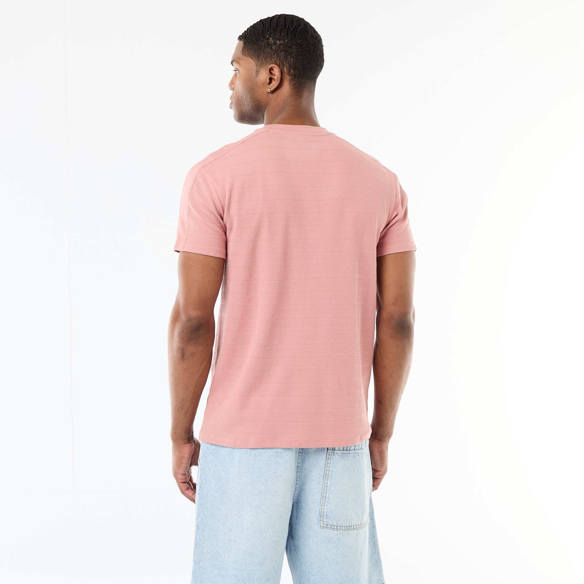 Honeycomb Knit Crew Neck Short Sleeve T-shirt PINK