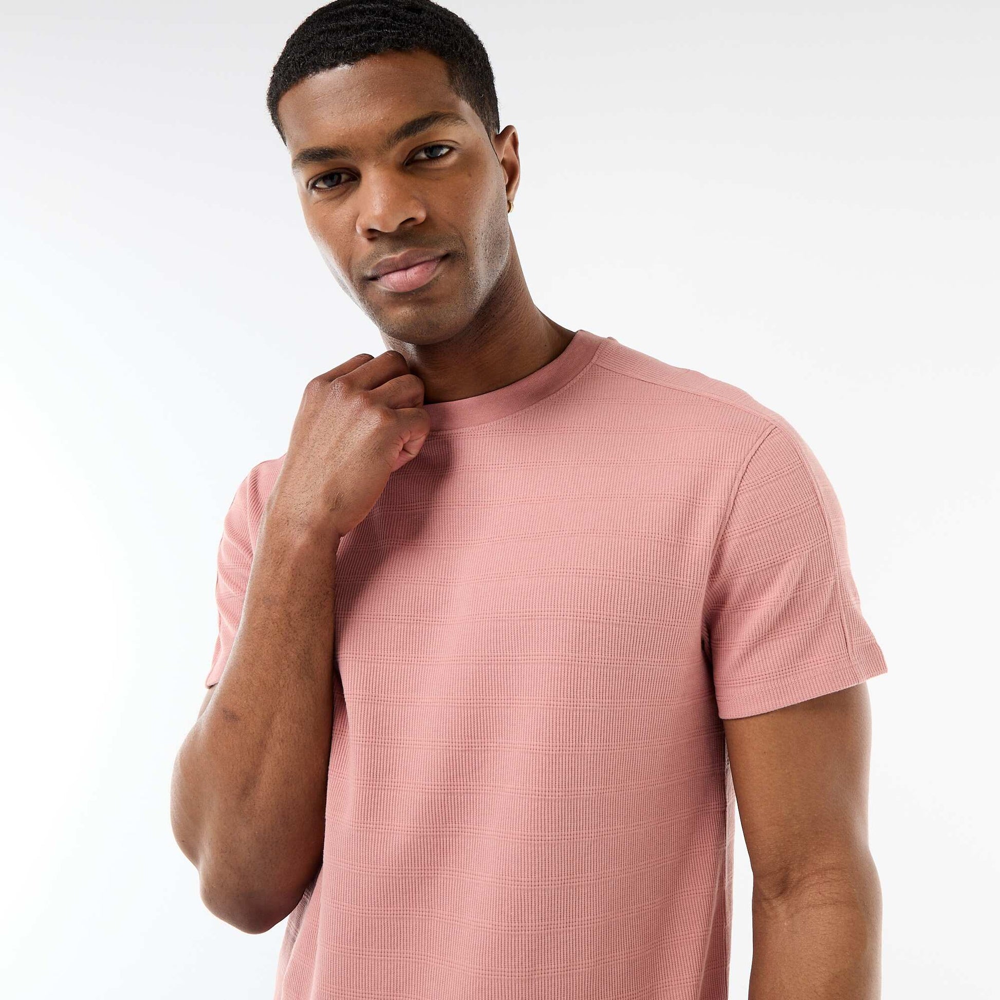 Honeycomb Knit Crew Neck Short Sleeve T-shirt PINK