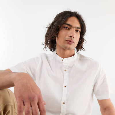 Solid Linen-Blend Short-Sleeve Mao Collar Shirt WHITE
