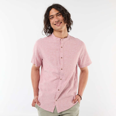Solid Linen-Blend Short-Sleeve Mao Collar Shirt PINK