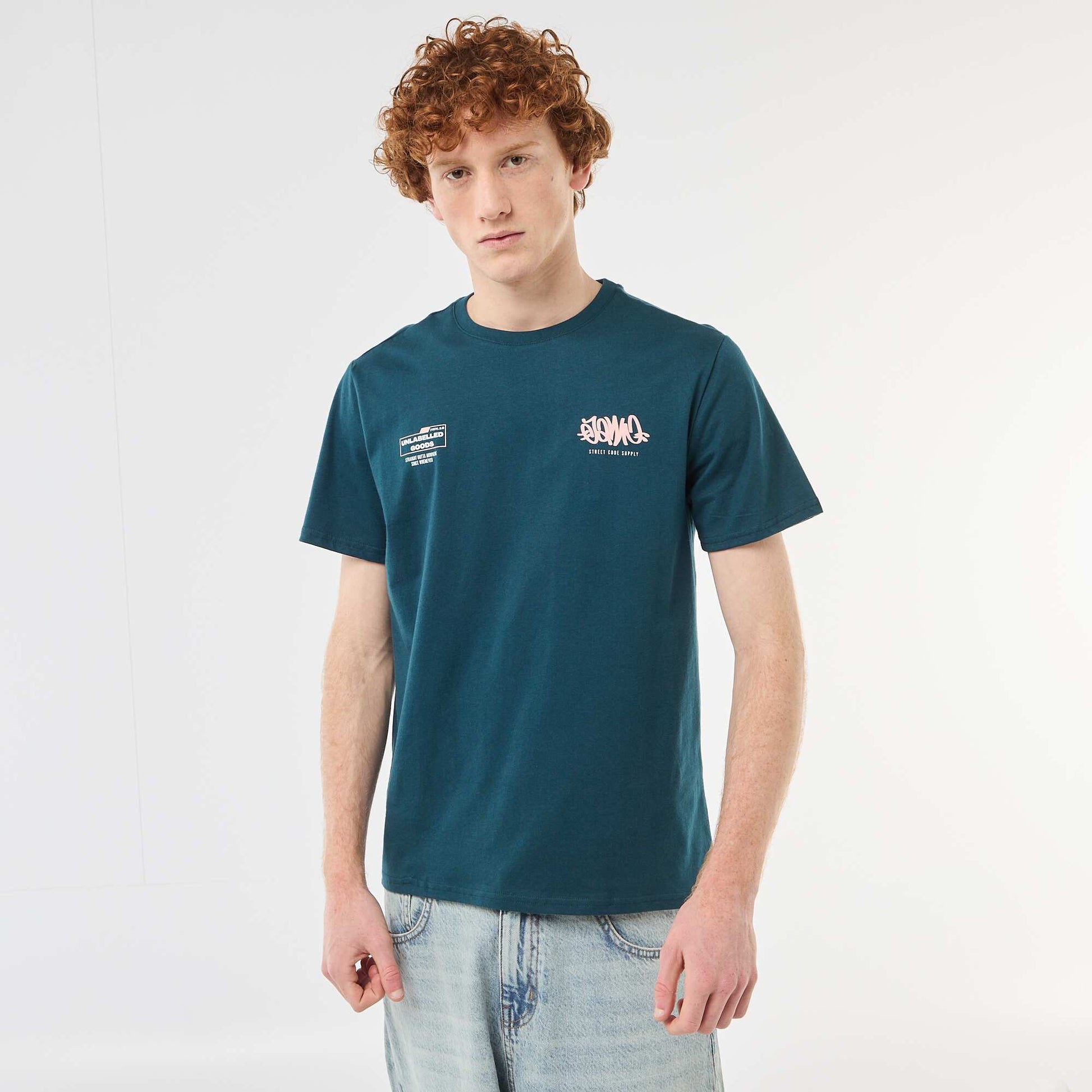 პრინტიანი ბამბის ჯვარედინი ყელიანი მაისური ლურჯი