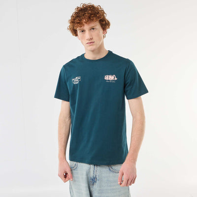 პრინტიანი ბამბის ჯვარედინი ყელიანი მაისური ლურჯი