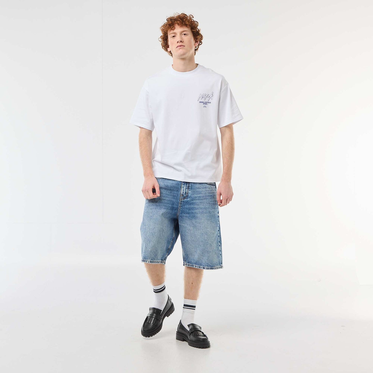 Solid Cotton T-Shirt with Front and Back Prints WHITE