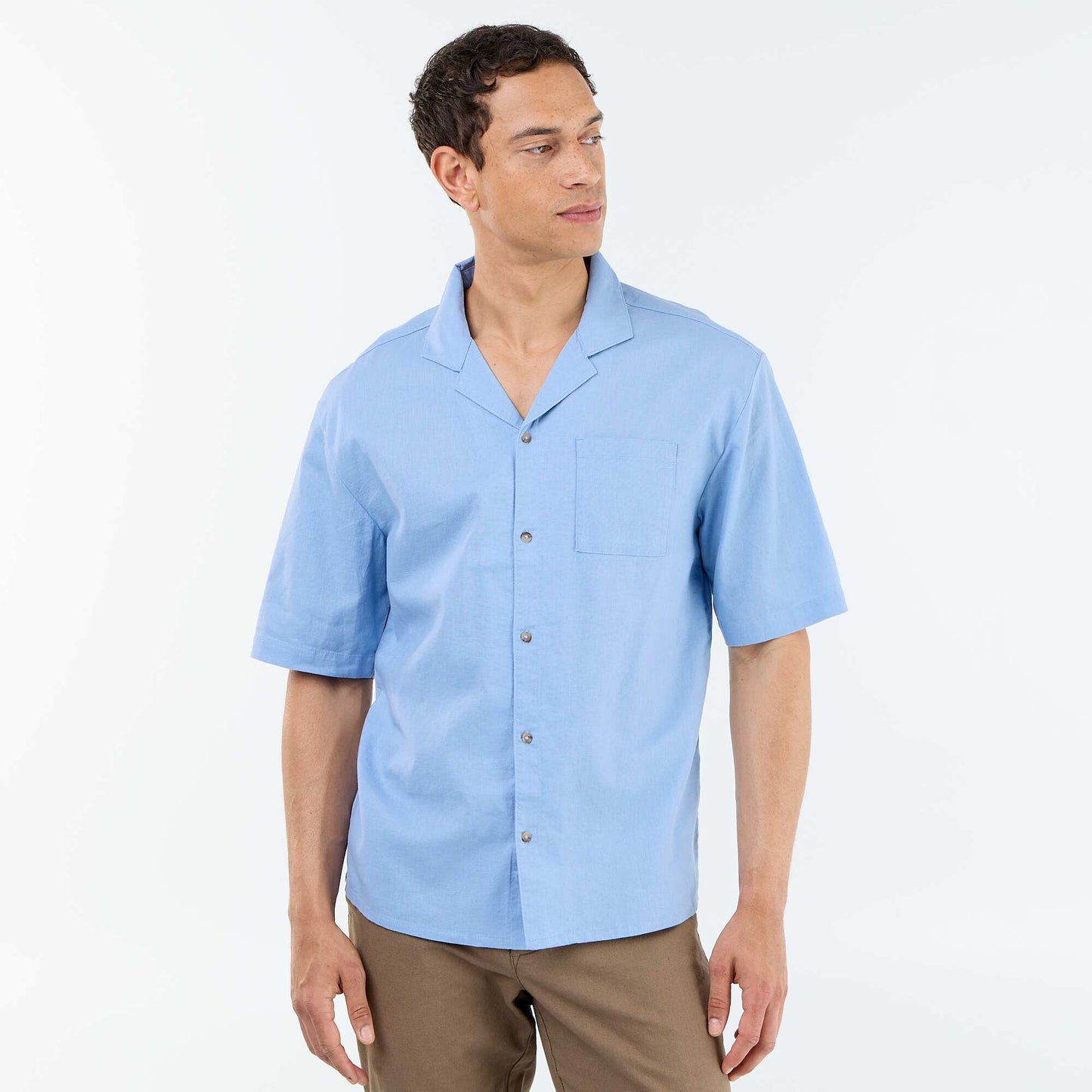 Short-sleeved linen blend shirt with chest pocket BLUE