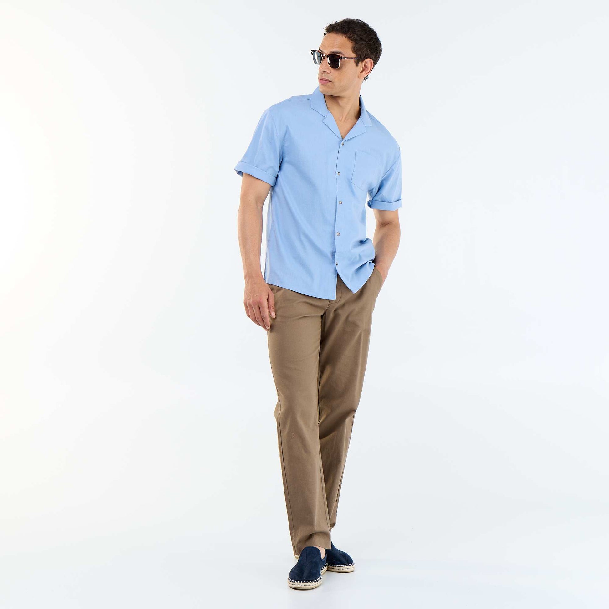 Short-sleeved linen blend shirt with chest pocket BLUE
