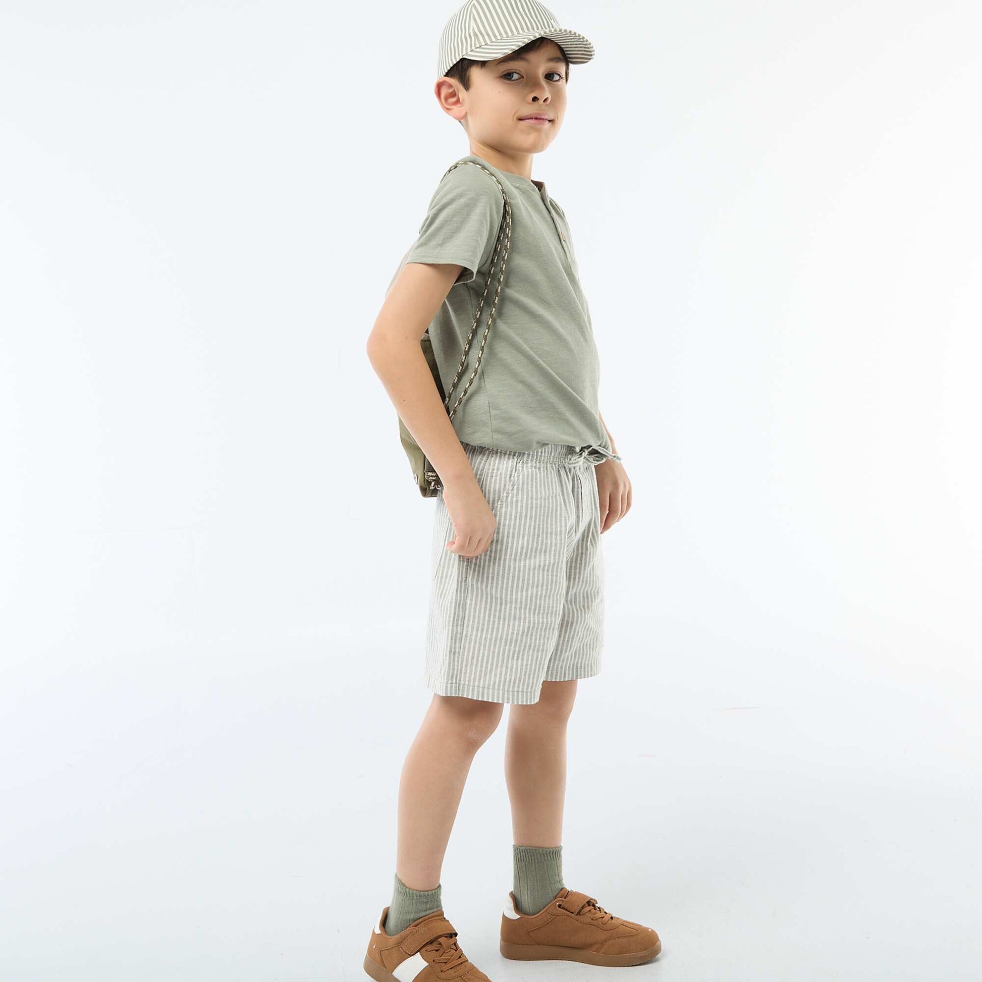 Lightweight Striped Linen Blend Shorts KHAKI