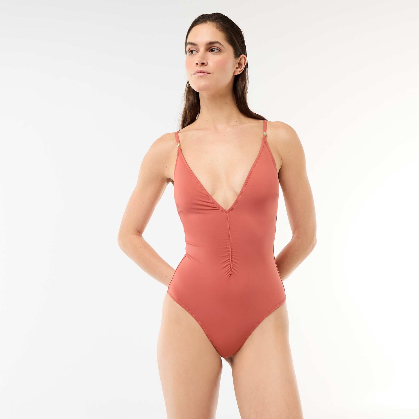 Plunge One-Piece Swimsuit with Jewelry Detail RED