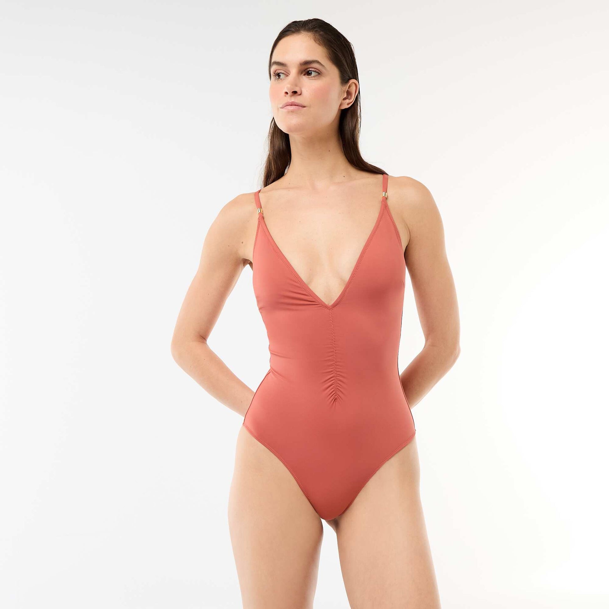 Plunge One-Piece Swimsuit with Jewelry Detail RED