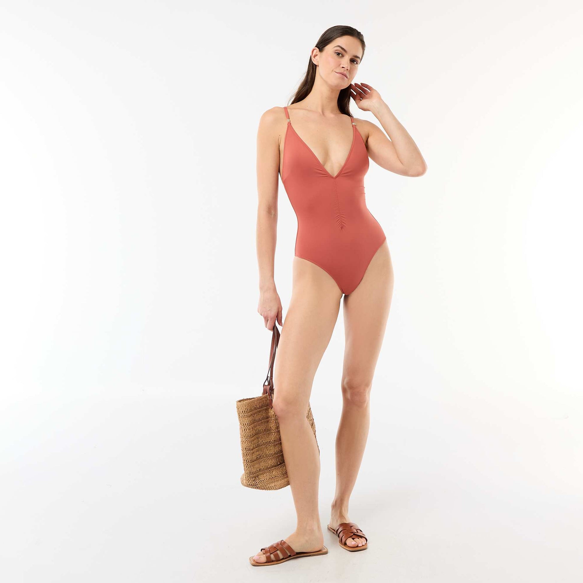 Plunge One-Piece Swimsuit with Jewelry Detail RED