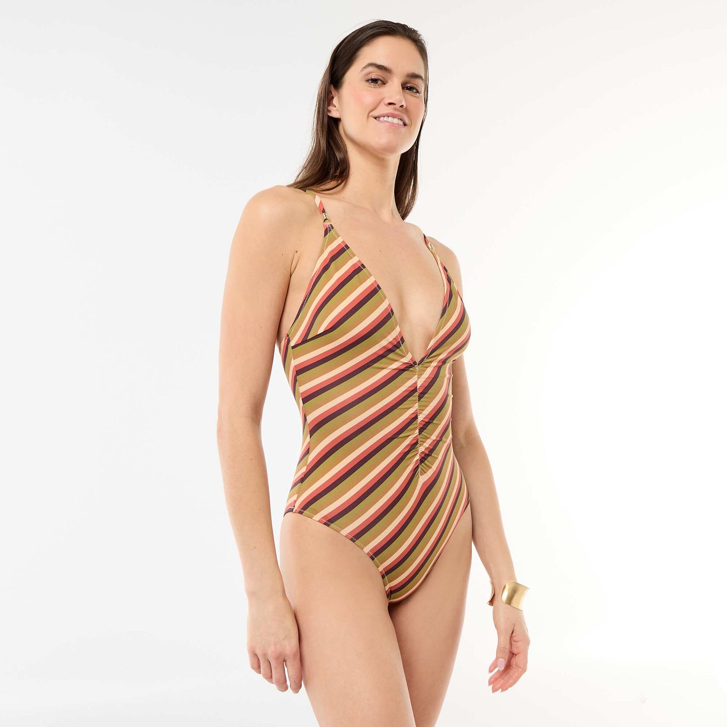 Plunge One-Piece Swimsuit with Jewelry Detail GREEN