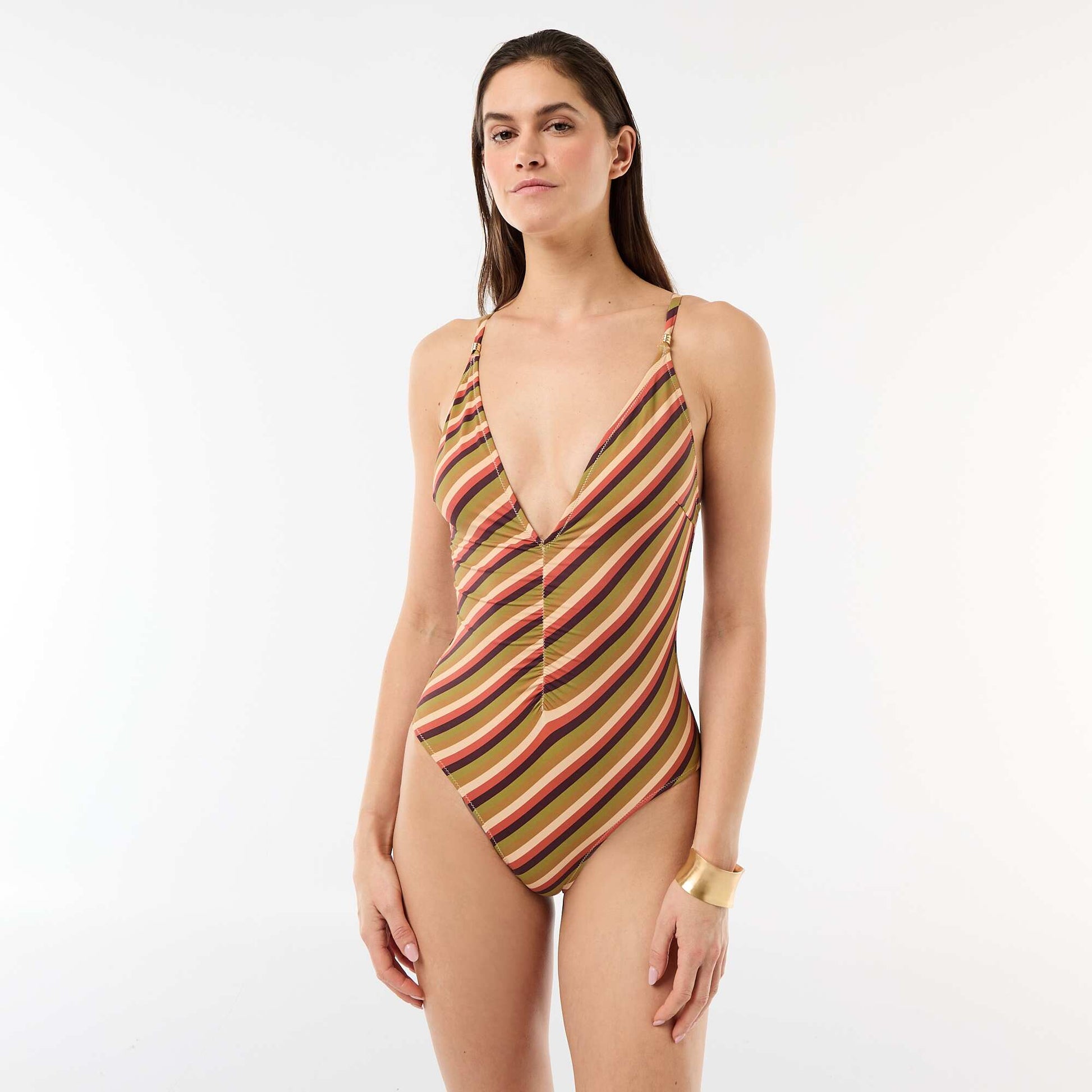 Plunge One-Piece Swimsuit with Jewelry Detail GREEN