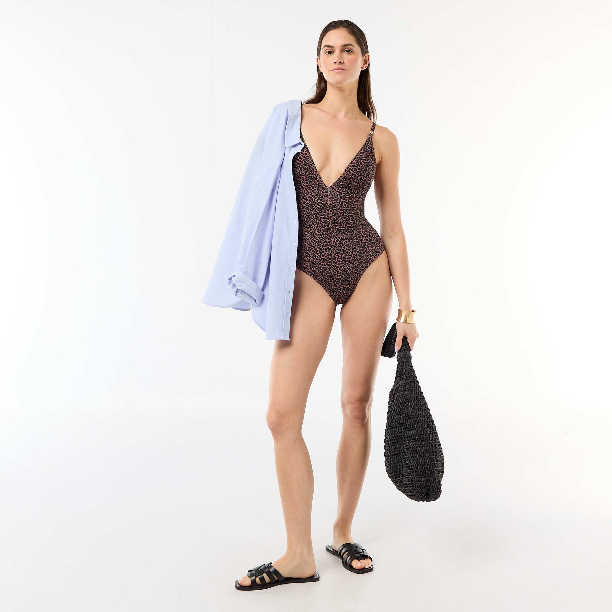 Plunge One-Piece Swimsuit with Jewelry Detail BEIGE