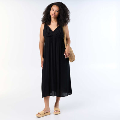 Long crêpe knit dress with thin straps BLACK
