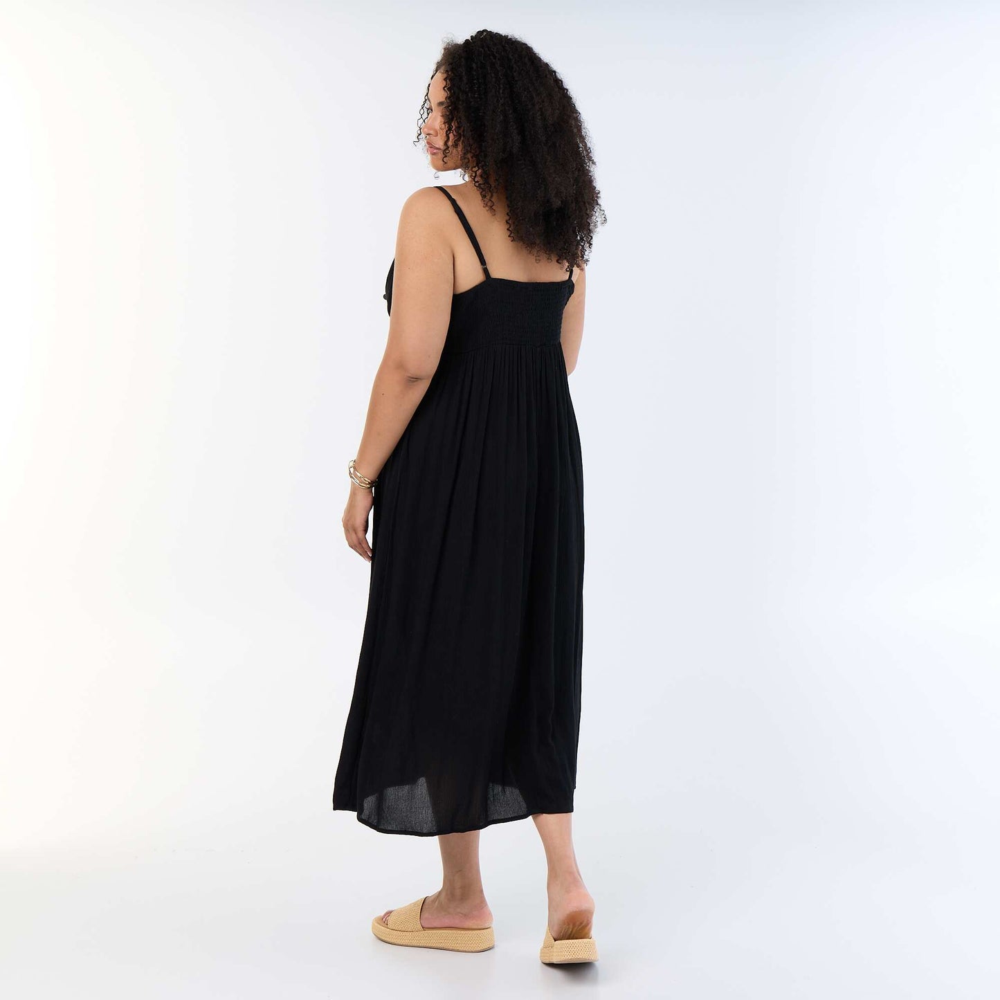 Long crêpe knit dress with thin straps BLACK