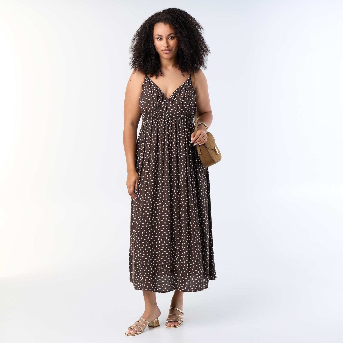 Long crêpe knit dress with thin straps BROWN