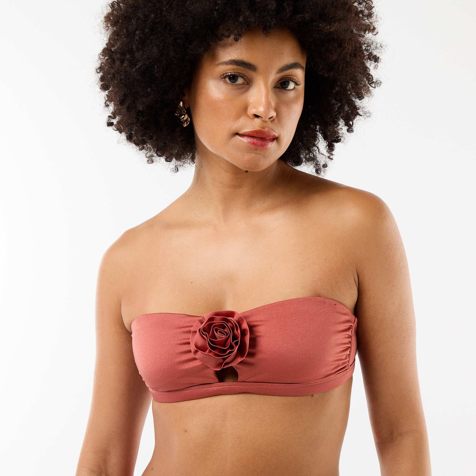 Bandeau swim top with embossed floral detail RED