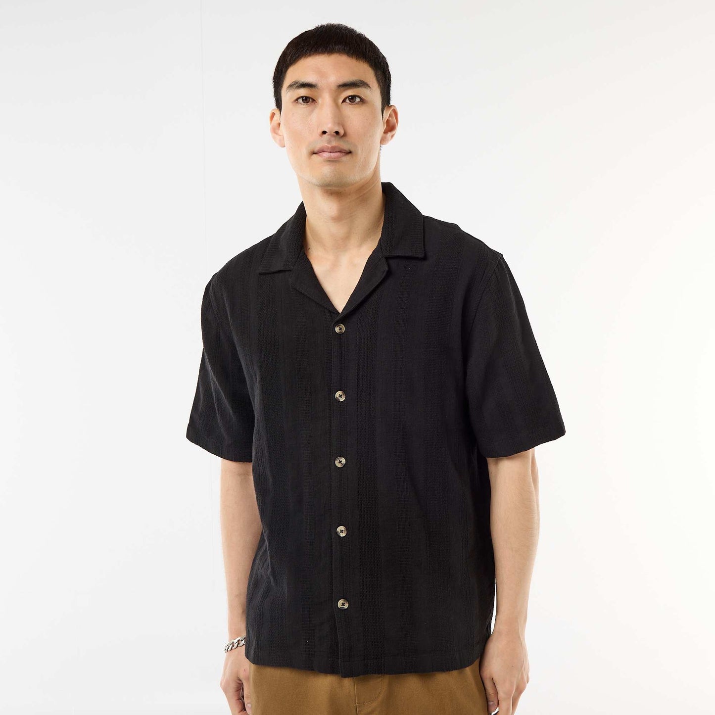 Short-Sleeved Fancy Knit Shirt BLACK