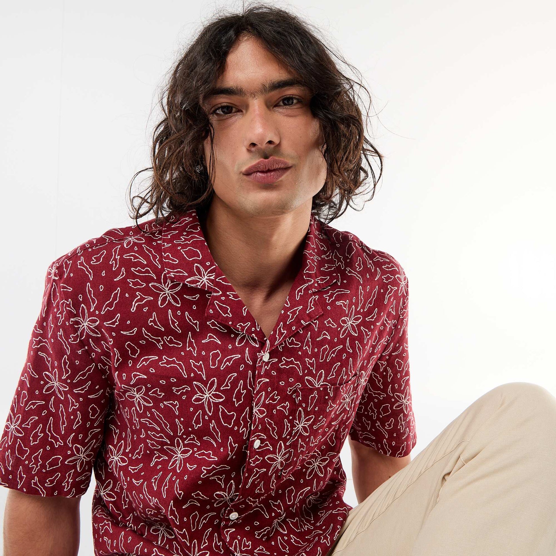 Short-Sleeved Linen Blend Shirt RED