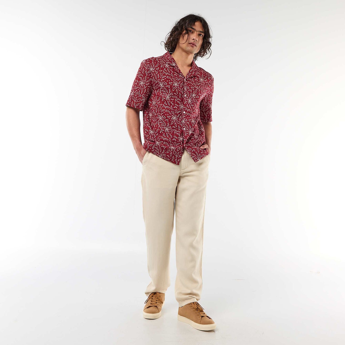 Short-Sleeved Linen Blend Shirt RED